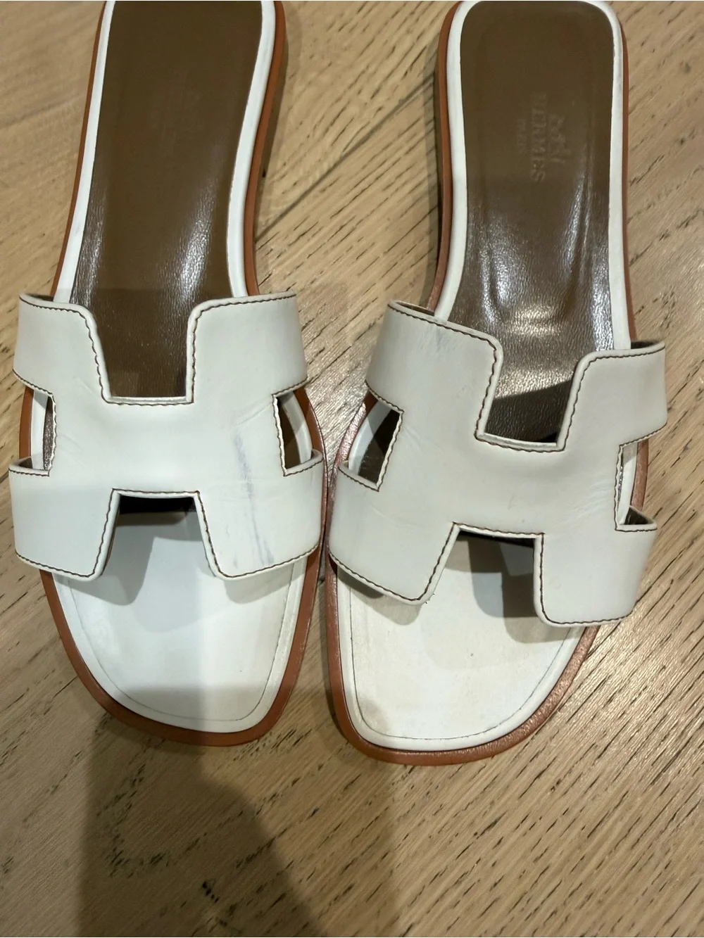 Hermes White Leather Oran Slide Sandals